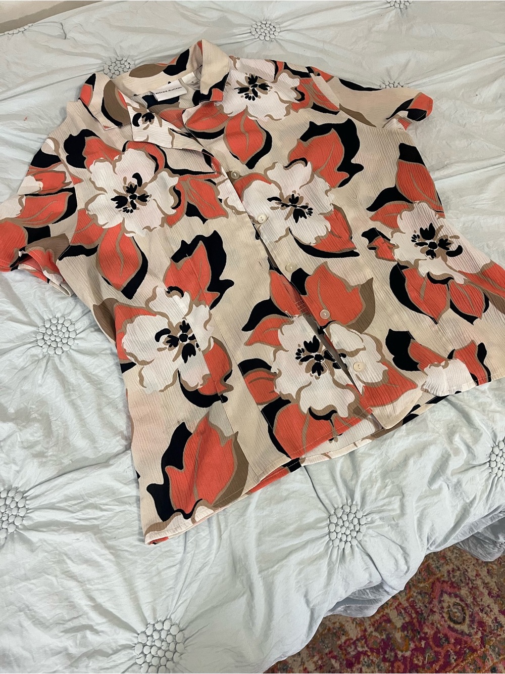 Alfred Dunner Coral, Cream & Black Floral Button-Down Top